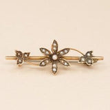 Antique 9k Seed Pearl Flower Pin - 1910s Edwardian Gold Flower Bar Brooch