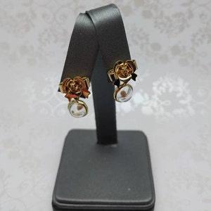Vintage Gold Tone Dangling Round Mustard Seed Charm Rose Floral Flower Bow Stud Earrings Faith Unique 10mm