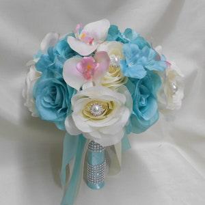 Wedding Silk Flower Bridal Bouquet 18 pieces Package Ivory Aqua Blue Rose Blush Pink orchid Bridesmaid Boutonnieres Corsages New