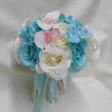 Wedding Silk Flower Bridal Bouquet 18 pieces Package Ivory Aqua Blue Rose Blush Pink orchid Bridesmaid Boutonnieres Corsages New