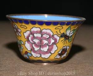 3.6 " China Yellow Cloisonne enamel Bronze Dynasty Peony Flower Pattern Bowl