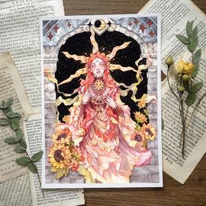 Goddes of Sun art print. Sun girl with sunflowers wall art. Unframed Goth decor magic print. Dark Gothic aesthetic Moon and Sun art.