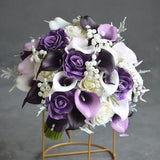 Faux Purples Bridal Bouquets, Dark Plum Wedding Bouquets, Lilac Lavender Bouquet, Real Touch Calla Lilies, Ivory Roses, White Baby's Breath
