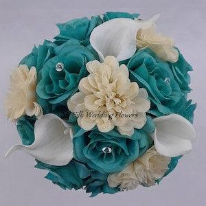 Aqua roses wedding bouquet, Calla lilies wedding bouquet, Mix flowers wedding bouquet, Silk flower bouquet