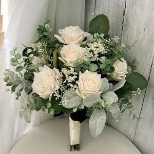 Boho wedding bouquet, premium champagne real touch roses & greenery bridal bouquet, eucalyptus sage wedding bouquet, faux bridesmaid flowers