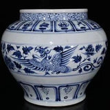 12.9" China Antique yuan dynasty Porcelain Blue white Phoenix flower peony Pot