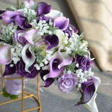 Fake Purple Bridal Bouquets, Bridesmaids bouquets, Rustic Silk Bridal Bouquet, Real Touch Calla Lilies, Ivory White Roses, Baby's Breath