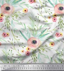 Soimoi White Velvet Fabric Leaves & Ranunculus Floral Decor Fabric-I9y