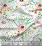 Soimoi White Velvet Fabric Leaves & Ranunculus Floral Decor Fabric-I9y