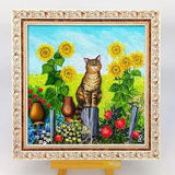 Tabby cat painting Ukrainian framed hand-painted artwork Landscape with sunflowers by Julia Kot