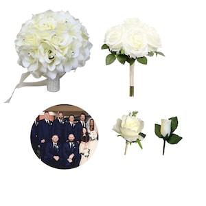 Build Wedding package-Ivory artificial rose bouquet corsage boutonniere wedding flowers bridal bridesmaid groomsmen prom homecoming