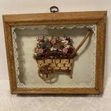 Vintage Straw Flower Cart Wood Shadow Box w/Dried Flowers & Satin Pink Rose Buds