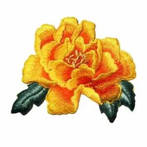 Yellow Peony Flower Sew Iron Patches 14CM Embroidered Badges Dress Clothe Crafts
