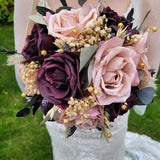 Burgundy Red and Blush Artificial Rose and Natural Dried Foliage Traditional Bridal Bouquet