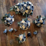 9PC Dusty Blue Navy Sola Wood Wedding Party Flower Set, Dusty Blue Wedding Flower Set, Dusty Blue Cascade Bridal Bouquet, Blue White Bouquet