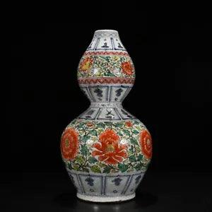 18.9" Chinese Old Antique Porcelain yuan dynasty wucai peony flower gourd Vase
