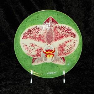 Hand Painted Ceramic Orchidware Small Plate - Phalenopsis Orchid on light green background, art piece; orchids, flowers, plants, decor