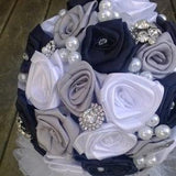 Black, Silver Grey and White Bridal Bouquet- Pearls, Rhinestones and Brooches- Ribbon Rose Bouquet- Fabric Wedding Flowers- Bridal Flowers