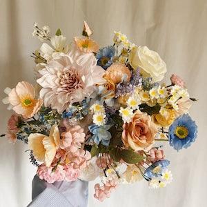 Spring Pastel Colors Bouquets with wild flowers, colorful bridal bouquets, silk bridal bouquet, pink and blue bouquet, summer  bouquets