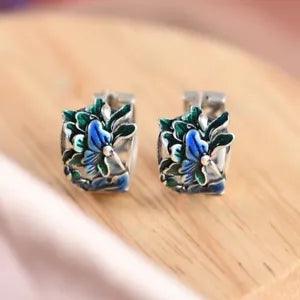 F05 Earring Hoop Earrings Blue Peony Leaves Sterling Silver 925