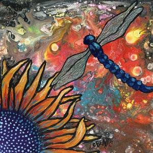 Dragonfly Art Print, colorful print of original painting, 8" x 8" on thick paper, sunflower, dragonflies, whimsical, wall art, home decor