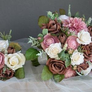 Brown Mauve Wedding Bouquet, Real Touch Roses, Boho Bridal Bouquet, Dusty Pink White Brown Bouquets, Mauve Green Bridesmaids Bouquet