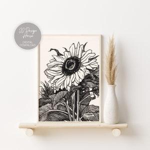 Vintage Sunflower Print, Flower Illustration, Botanical Prints, Retro Flower Drawing, Bedroom Decor, Nursery Wall Art, Sunflower Art
