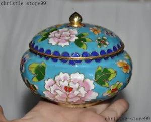 China Bronze cloisonne gilt Hand-painted peony flower statue Tank Crock Pot Jar