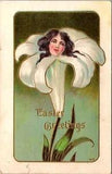 Easter Postcard Woman's Face Inside of an Easter Lily