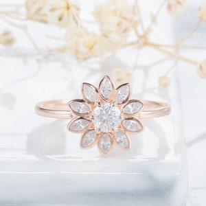Vintage Sunflower Round Moissanite Engagement Ring, Unique Solid Rose Gold Marquise Cut Moissanite Floral Wedding Anniversary Promise Ring