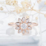 Vintage Sunflower Round Moissanite Engagement Ring, Unique Solid Rose Gold Marquise Cut Moissanite Floral Wedding Anniversary Promise Ring