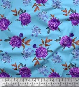 Soimoi Blue Cotton Poplin Fabric Leaves & Peony Floral Print Fabric-F9z