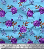 Soimoi Blue Cotton Poplin Fabric Leaves & Peony Floral Print Fabric-F9z
