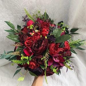 Wedding Bouquet Burgundy Red Berries Navy Red Peony Eucalyptus Wedding Maroon Package Artificial Flowers Wedding Decor Deep Red Sangria