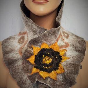 Brown Wool felted scarf with Sunflower brooch. Wavy Beige scarf. Contemporary Women scarf Original warm scarf Valentine day gift Handmade