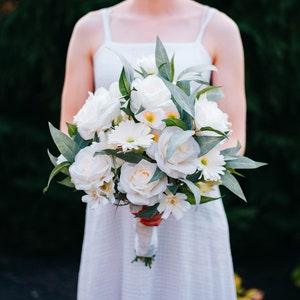 White Gerbera Daisy & Rose Silk Flower Wedding Bouquet, Bridal Bouquet, Bridesmaid Bouquet, Boutonniere, and Corsage