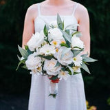 White Gerbera Daisy & Rose Silk Flower Wedding Bouquet, Bridal Bouquet, Bridesmaid Bouquet, Boutonniere, and Corsage
