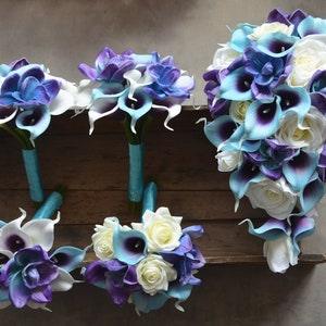 Blue Purple Orchids Callas Bouquets, Real Touch Flowers, Ivory Roses Bridal Bouquets, Bridesmaids Bouquets