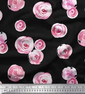 Soimoi Black Velvet Fabric Ranunculus Watercolor Printed Craft Fabric-VpS