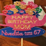 Personalized Custom Birthday Cake topper with Flowers, Teapot, Saucer images. Std size 7.5"W x 5"H