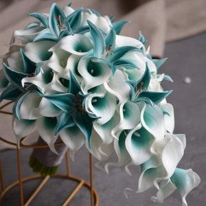Turquoise Bride Bouquet, Blue Bridesmaid Bouquets, Teal Bouquet, Real Touch Calla Lilies, Tiger Lilies, Blue Weddings
