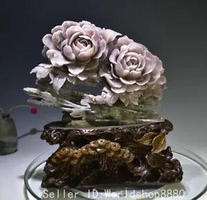 12.4" China Natural Xiu Jade Carved Fengshui Pair Peony Flower Statue Sculpture
