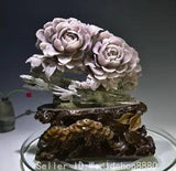 12.4" China Natural Xiu Jade Carved Fengshui Pair Peony Flower Statue Sculpture