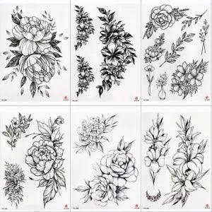Rose Peony Flower Tattoos - Waterproof Black Tattoo Stickers Art Decoration 1pc