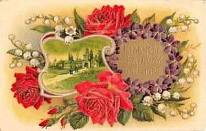 Lovely Lily of the Valley, Roses, & Violets Around Village Scene-Old Birthday PC