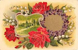Lovely Lily of the Valley, Roses, & Violets Around Village Scene-Old Birthday PC