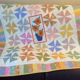 Summer lap quilt with appliqu??d flower centre, windmill floral small quilt, yellow gold pink blue blanket, sunflower throw, picnic table top