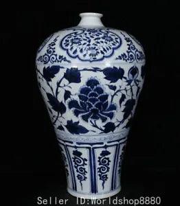 17.2"Old China Xuande Marked Blue White Porcelain Peony Flower Pattern Plum Vase
