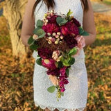 Cascade wedding bouquet, Burgundy bridal bouquet, Rose bouquet, Faux Flower