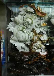 19.2" China Natural Xiu Jade Jadeite Carved subshrubby peony flower Birds Statue